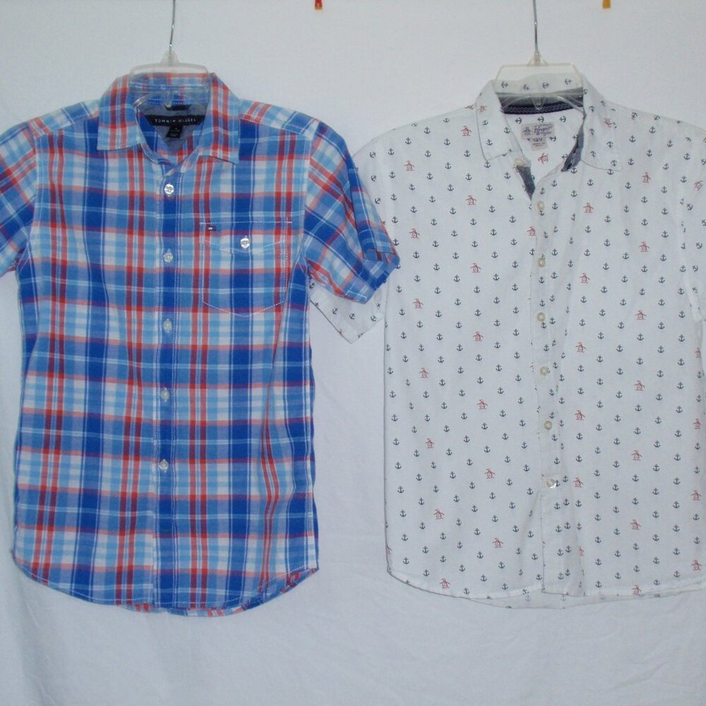 Boys Lot of 2 Tommy Hilfiger Penguin Plaid Nautical Short Sleeve Button Shirt 12